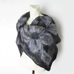 Scarf, Wrap, Shawl, Evening Shawl, Cotton Wool Wrap, Spring Shawl, Merino Wool and Cotton Gauze Shawl, Nuno Felt, Black Gray 画像 4