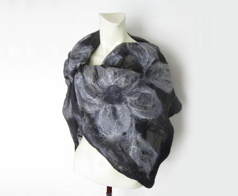 Scarf, Wrap, Shawl, Evening Shawl, Cotton Wool Wrap, Spring Shawl, Merino Wool and Cotton Gauze Shawl, Nuno Felt, Black Gray image 4