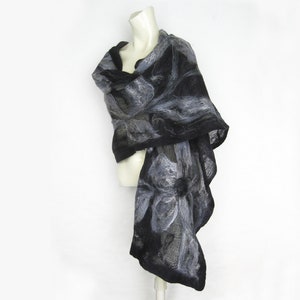 Scarf, Wrap, Shawl, Evening Shawl, Cotton Wool Wrap, Spring Shawl, Merino Wool and Cotton Gauze Shawl, Nuno Felt, Black Gray image 9