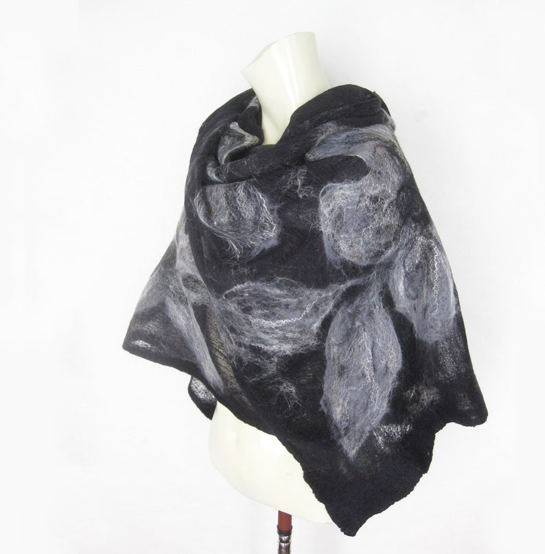 Scarf, Wrap, Shawl, Evening Shawl, Cotton Wool Wrap, Spring Shawl, Merino Wool and Cotton Gauze Shawl, Nuno Felt, Black Gray image 5