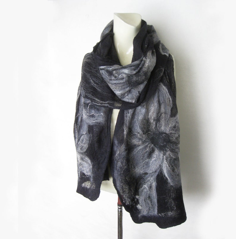 Scarf, Wrap, Shawl, Evening Shawl, Cotton Wool Wrap, Spring Shawl, Merino Wool and Cotton Gauze Shawl, Nuno Felt, Black Gray image 3