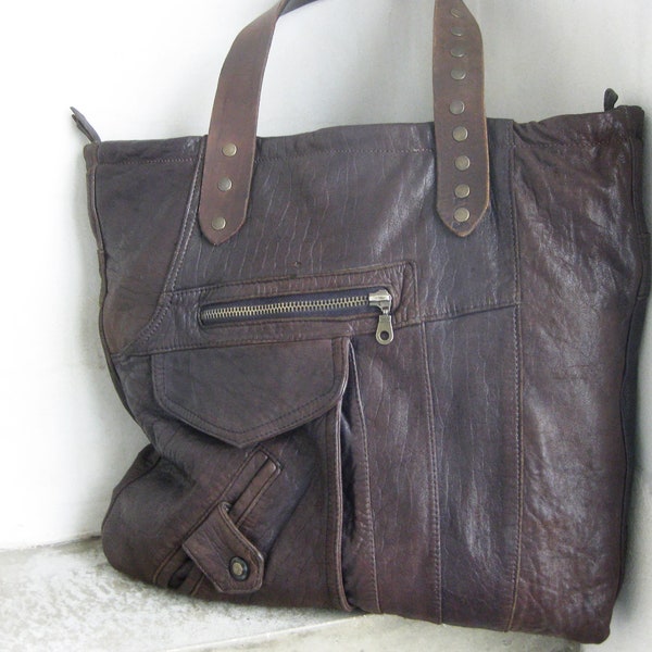 Shoulder Bag, Leather Tote Bag, Upcycled Bag, Recycled Leather Bag, Brown Tote Bag, Top Handle Bag