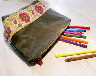 Zippered  Pouch, Makeup Bag, Organizer Pouch, Pencil Case, Embroidered Clutch