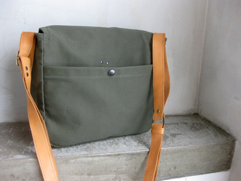 Side Bag Messenger Bag Canvas Leather Bag Army Green Postman Bag Canvas Crossbody Bag Everyday Shoulder Bag