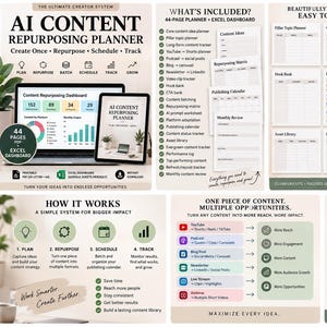 Può includere: Un sistema di pianificazione per il riutilizzo dei contenuti basato su IA, con un PDF di 44 pagine e un dashboard Excel. Il layout mostra modelli per il monitoraggio dei contenuti, un dashboard di analisi delle prestazioni e una guida.