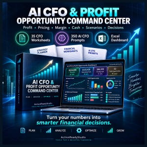 Könnte beinhalten: Die digitale Produktsuite AI CFO & Profit Opportunity Command Center umfasst eine Box, einen Strategieplaner, Finanzarbeitsblätter und KI-Prompts. Ein Laptop zeigt ein Dashboard mit Umsatz-, Gewinn- und Cashflow-Diagrammen auf blauem Grund.