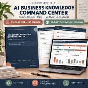 May include: The AI Business Knowledge Command Center includes a 79-page professional planner, a 16-sheet Excel executive dashboard, and 180 AI analysis prompts. The set features a dark blue binder, printed document pages, and a laptop displaying data charts.