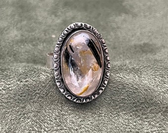 Rutile Quartz Silver Ring with a Chased setting