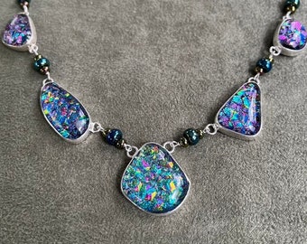 Blue and Purple Dichroic  Glass Necklace in Silver