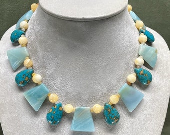 Little Egypt Necklace in Pale Blue Agate and Yellow Jade