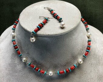 Choker of Coral and Freshwater Pearls with matching Earrings