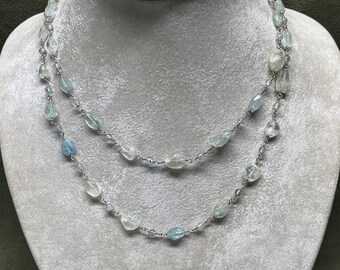 Long Silver Wrapped Aquamarine Necklace