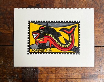 Lino cut - Nazca Series - hand colored Orca  Forever Stamp