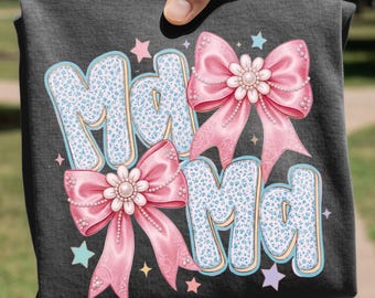 PNG de mamá estilo shabby chic, diseño de perlas con lazos rosas, sublimación floral linda para el Día de la Madre, arte digital para camiseta de mamá, archivo PNG transparente