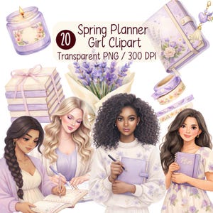 Op de afbeelding: Watercolor clipart set met een kaars, boeken, een boeket lavendel en een planner. De afbeelding bevat illustraties van vrouwen en de tekst "Spring Planner Girl Clipart Transparent PNG / 300 DPI". Het kleurenpalet is zacht, met tinten paars en wit.