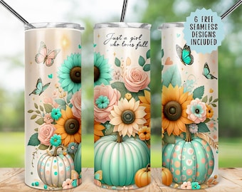 Fall Tumbler Wrap, Floral 20oz Seamless PNG, Autumn Pumpkin, Butterfly Design, Just a Girl Who Loves Fall Sublimation, 300 DPI