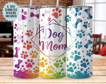 Papier gobelet pour maman chien, PNG sans couture 20 oz, empreintes de pattes colorées, cadeau pour amoureux des animaux de compagnie, sublimation 300 DPI, motif os de chien