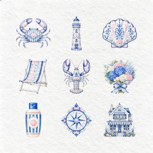 An array of charming watercolor marine and beach items, featuring a pearl in an oyster, stylish sunglasses, a sea turtle, a shrimp, a whale tail, patterned flip-flops, and a message in a bottle. The artistic style incorporates delicate blue and white patterns, exuding a chic seaside vibe.