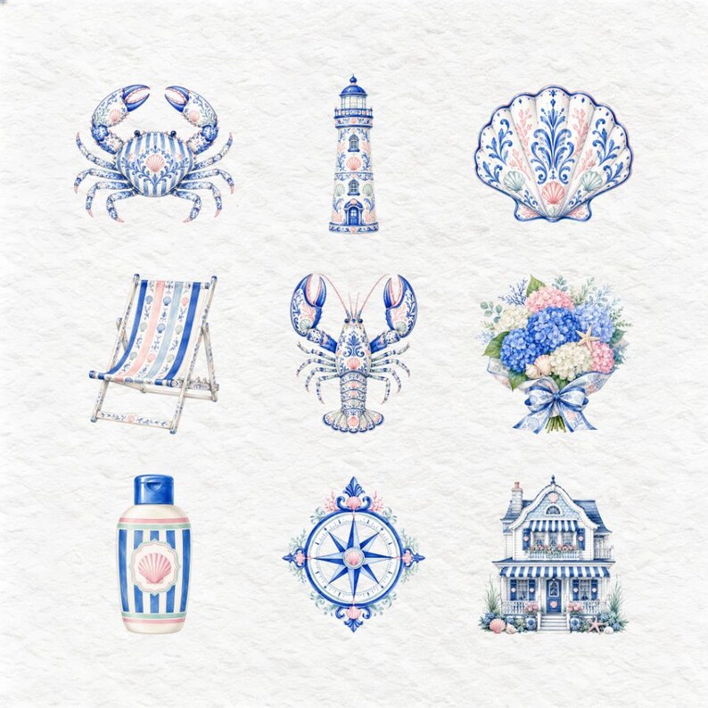 An array of charming watercolor marine and beach items, featuring a pearl in an oyster, stylish sunglasses, a sea turtle, a shrimp, a whale tail, patterned flip-flops, and a message in a bottle. The artistic style incorporates delicate blue and white patterns, exuding a chic seaside vibe.