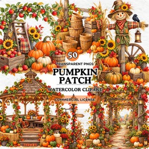 Peut inclure: Une collection de 50 images clipart aquarelle de potagers avec des citrouilles, tournesols, un épouvantail, des caisses en bois, paniers, un gazebo et une tonnelle, décorés de feuilles d'automne, avec le texte 50 TRANSPARENT PNGS.