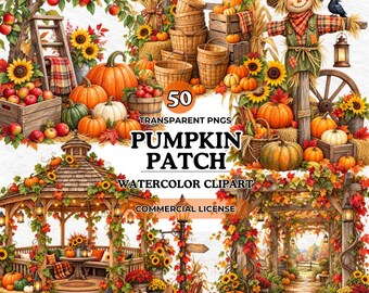 Pumpkin Patch Clipart Bundle, Fall Autumn Harvest Farm Halloween Thanksgiving PNG, Rustic Watercolor Digital Sublimation