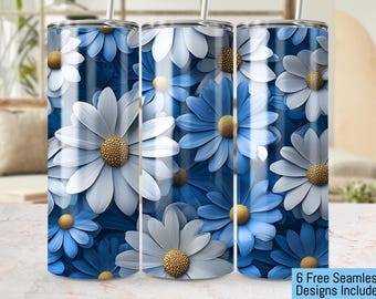 Daisy Seamless 20oz tumbler wrap, floral tumbler design, blue and white daisy PNG, 300 DPI tumbler wrap, digital download