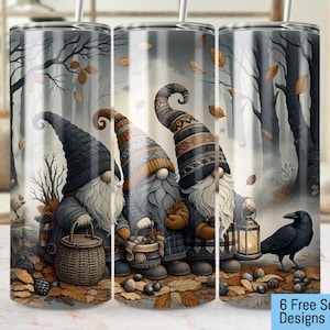 May include: Three gnomes with brown, gray, and white hats stand in a forest with fall leaves. The gnomes are holding baskets and a lantern. A black crow is in the foreground.