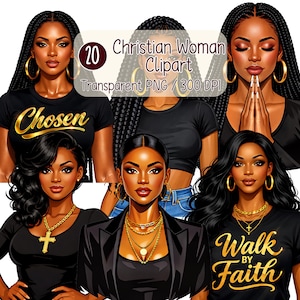 Puede incluir: Una colección de imágenes prediseñadas digitales con ilustraciones de mujeres negras. Las mujeres están representadas con varios peinados, usando joyas de oro y tops negros con texto inspirador. El texto incluye "Chosen" y "Walk by Faith".