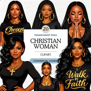 African American Christian Women Clipart, Faith Based PNG Bundle, Religious Black Girl Art, Digital Download, Braids, Chosen, Prayer, Walk