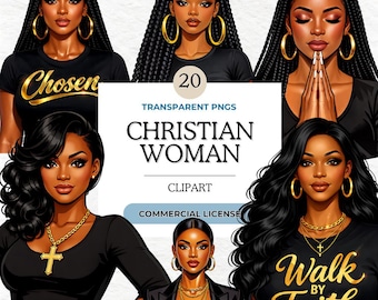 Afro-Amerikaanse christelijke vrouwen clipart, op geloof gebaseerde png-bundel, religieuze zwarte meid kunst, digitale download, vlechten, gekozen, gebed, lopen