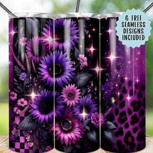 May include: A set of three stainless steel tumblers with a floral design featuring purple sunflowers and other flowers. The design includes a leopard print pattern and the text "6 FREE SEAMLESS DESIGNS INCLUDED".