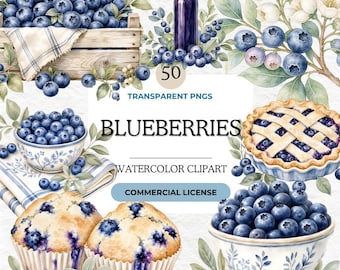 Watercolor Blueberry Clipart Bundle, Blue Berry Frame Wreath, Cake Pie Jar Drink, Muffin Scone, Digital PNG, Commercial Use