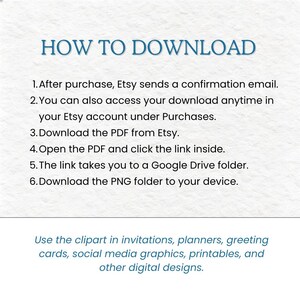 May include: A white informational graphic with blue text titled HOW TO DOWNLOAD. It lists six steps for accessing digital files via Etsy and Google Drive, followed by a note about using the clipart for invitations, planners, and digital designs.