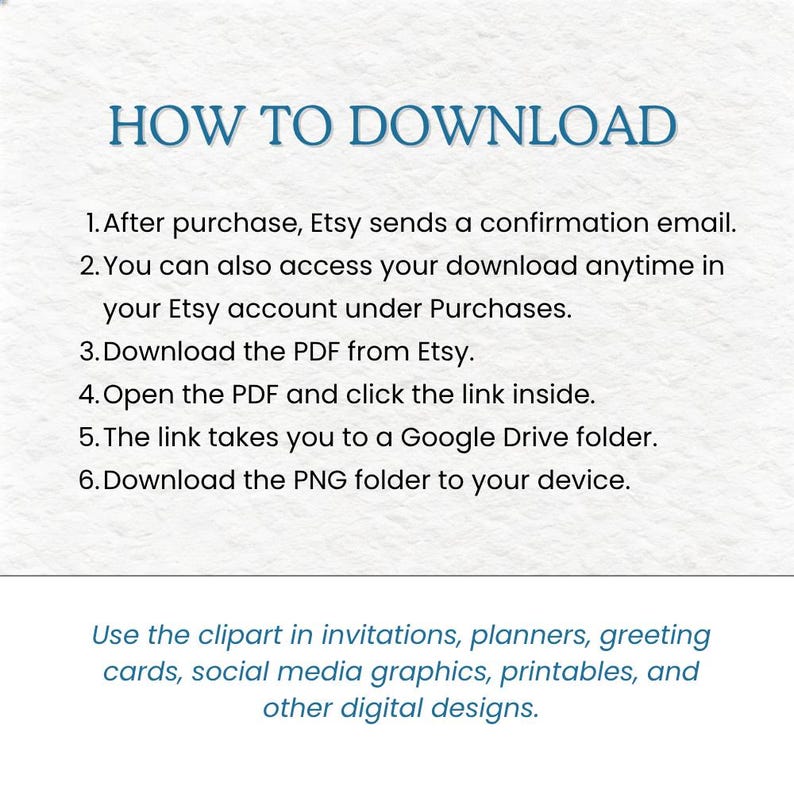 May include: A white informational graphic with blue text titled HOW TO DOWNLOAD. It lists six steps for accessing digital files via Etsy and Google Drive, followed by a note about using the clipart for invitations, planners, and digital designs.