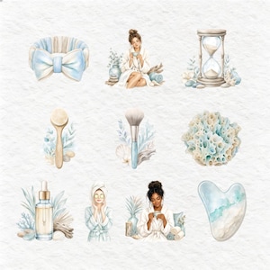 K&ouml;nnte beinhalten: Aquarellillustrationen von Spa- und Selbstpflegeartikeln. Enth&auml;lt ein blaues Stirnband mit Schleife, eine Frau im Bademantel, eine Sanduhr, eine Gesichtsb&uuml;rste, einen Make-up-Pinsel, eine Koralle, eine Serumflasche, eine Frau mit Gesichtsmaske, eine Frau mit einer Tasse und ein Gua-Sha-Werkzeug.