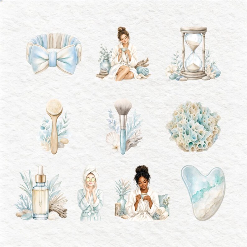 K&ouml;nnte beinhalten: Aquarellillustrationen von Spa- und Selbstpflegeartikeln. Enth&auml;lt ein blaues Stirnband mit Schleife, eine Frau im Bademantel, eine Sanduhr, eine Gesichtsb&uuml;rste, einen Make-up-Pinsel, eine Koralle, eine Serumflasche, eine Frau mit Gesichtsmaske, eine Frau mit einer Tasse und ein Gua-Sha-Werkzeug.