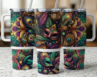 Mardi Gras Mask Seamless 40oz Tumbler Wrap PNG, Feather Design, Colorful Tumbler Design, 300 DPI Digital Download for Sublimation