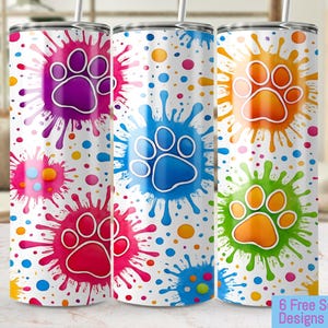 Paw Print Splatter 20oz Tumbler Wrap PNG, Seamless Animal Print Sublimation Design, Colorful Dog Cat Lover Gift, 300 DPI Digital Download