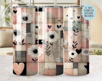 Daisy Heart Tumbler Wrap, Seamless 20oz PNG, Floral Tumbler Design, Patchwork Tumbler, Pink White Tumbler Template, 300 DPI Sublimation