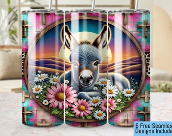 Donkey Tumbler Wrap, Seamless 20oz PNG Design, Floral Sunset Tumbler, 300 DPI Sublimation Template, Christian Cross Decor, Christian Tumbler