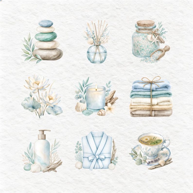 High-resolution PNG clipart showcasing a diverse array of spa day essentials, from bath accessories and personal care products to decorative elements like aloe vera and lotus flowers. These versatile graphics are suitable for digital scrapbooking, creating invitations, personalized gifts, or social media content, promoting relaxation and well-being.