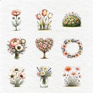 Whimsical Floral Clipart Bundle, 20 PNG Designs, Flower Clip Art, Watercolor Flowers, Transparent Background, 300 DPI, 5000x5000 px image 5
