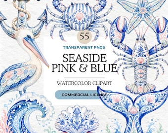 Coastal Watercolor Clipart Bundle, Beach Nautical Graphics, Ocean Life PNG, Summer Seaside Aesthetic Digital Download, Shells