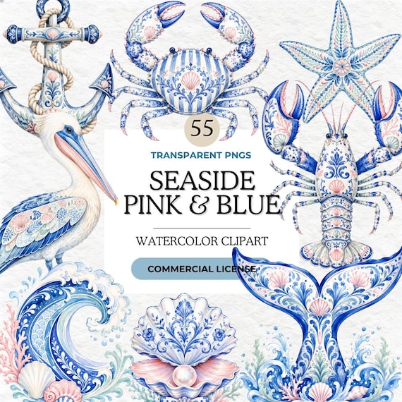 Coastal Watercolor Clipart Bundle, Beach Nautical Graphics, Ocean Life PNG, Summer Seaside Aesthetic Digital Download, Shells