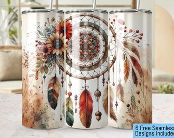 Dreamcatcher Floral 20oz Tumbler Wrap, Boho Insulated Tumbler PNG, Seamless Feather Design, High Resolution 300 DPI Digital Download