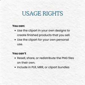 May include: A white document with the blue heading USAGE RIGHTS. It lists permissions: You can use the clipart in your own designs for finished products or personal use. It lists restrictions: You can't resell, share, or redistribute the PNG files on their own or include them in PLR, MRR, or clipart bundles.