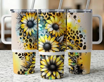 Daisy and Leopard 40oz Tumbler Wrap PNG, Seamless Design, Floral Tumbler, 300 DPI Sublimation Design, Cheetah Tumbler, Digital Download