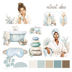 K&ouml;nnte beinhalten: Aquarell-Illustration mit Spa- und Entspannungsthema. Zeigt eine Frau im Bademantel, eine Badewanne, eine Augenmaske, eine &auml;therische &Ouml;lflasche und gestapelte Steine. Der Text "retreat vibes" ist ebenfalls vorhanden. Weiche Farbpalette aus Blau-, Gr&uuml;n- und Beiget&ouml;nen.