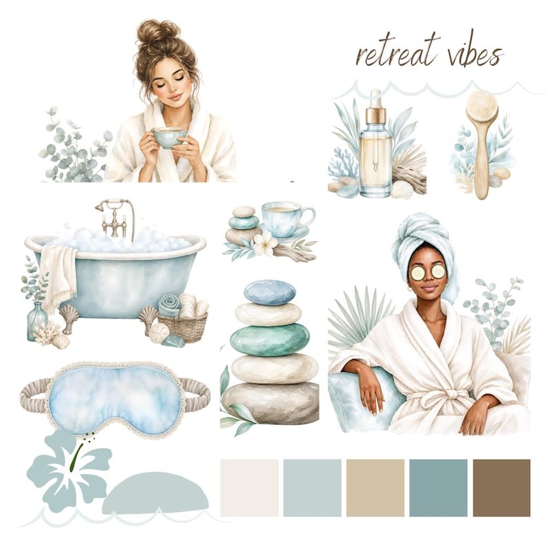 K&ouml;nnte beinhalten: Aquarell-Illustration mit Spa- und Entspannungsthema. Zeigt eine Frau im Bademantel, eine Badewanne, eine Augenmaske, eine &auml;therische &Ouml;lflasche und gestapelte Steine. Der Text "retreat vibes" ist ebenfalls vorhanden. Weiche Farbpalette aus Blau-, Gr&uuml;n- und Beiget&ouml;nen.