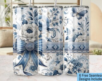 Elegante envoltorio para vaso sin costuras de estilo chinoiserie azul, diseño de mariposa y flor PNG, envoltorio para vaso de sublimación de alta calidad de 300 DPI, descarga digital